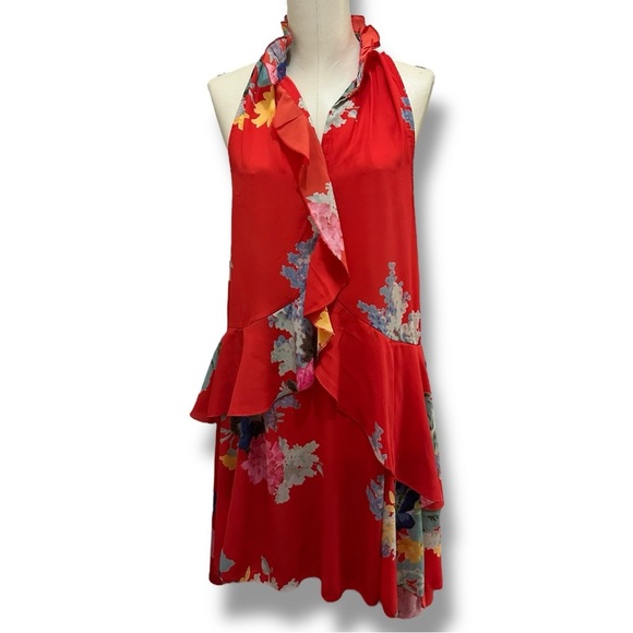 128 H&M | EUC Red Floral Halter Ruffle High-Low Dress (Size 6) - Picture 3 of 12